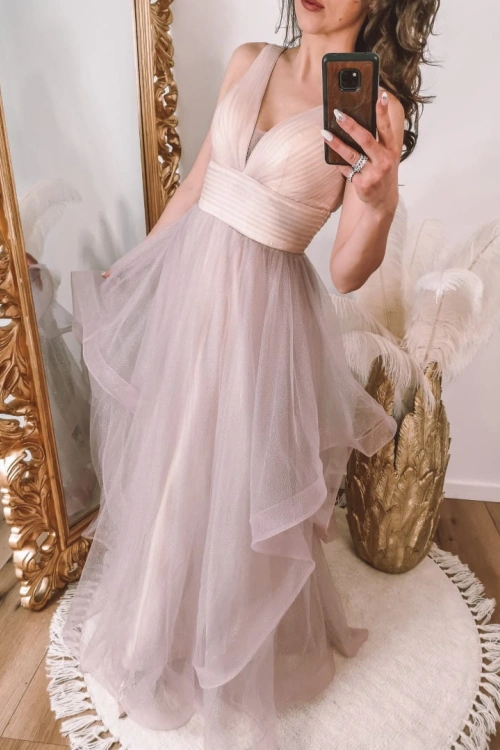 Beżowo-liliowa sukienka maxi z asymetrycznym dołem